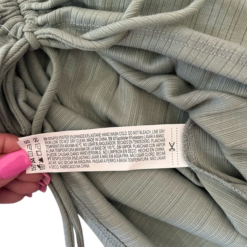 Forever 21 Sage Green Ruched Side Tie Mini Dress Long Sleeve Sz Small Minimalist - Picture 11 of 12